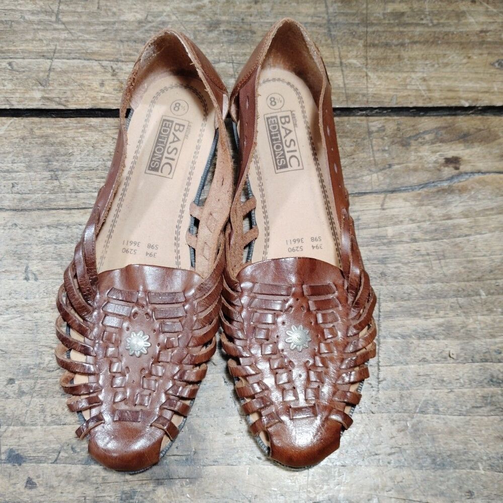 Vintage Basic Editions Huarache Sandal 8.5 Leather Woven Brown Shoes